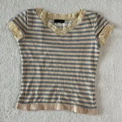 日本ヴィンテージ ozoc 森ガール はぐみ ストライプ レース 半袖T