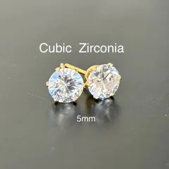 123、サージカルステンレスポストピアス、キュービックジルコニア、クリア、5mm、ゴールド、ハンドメイド