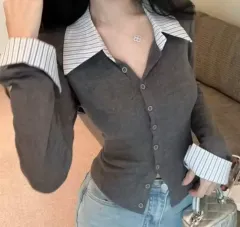 バイカラー カラ ニット カーディガン 長袖