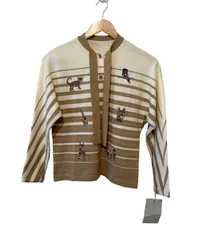 ZM1686【美品】伊太利屋　イタリヤ　カーディガン　アニマル刺繍　レディース　ゴールド　ホワイト　サイズ9