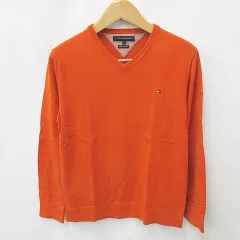 トミーヒルフィガー TOMMY HILFIGER ニット セーター 長袖 Vネック 刺繍 綿 オレンジ L