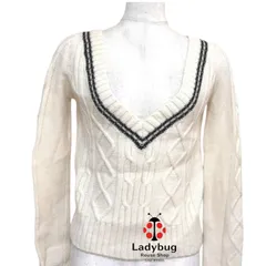 ボナジョルナータ 長袖セーター　洗えるニット クリケットニット　クロップド丈　ショート丈 レディース ニット セーター Vネック アランニット ケーブルニット 　白