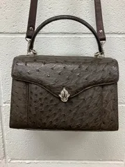 オーストリッチ革ハンドバッグ（ショルダー紐付き）　濃ブラウン