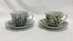 〇未使用 有田焼 清秀 カップ＆ソーサー ペア コーヒーカップ 2客 花柄 あやめ