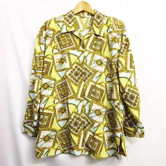 ヴィンテージ 80s～90s スカーフ柄 長袖シャツ 総柄 金ボタン ブラウス Mサイズ 黄色 イエロー系 日本製 レトロ レディース E461L