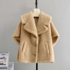 テディベア ケープ コート ポンチョ 羊毛 ウールファー アウター ボア ショート丈 5色 冬 ムートンファー