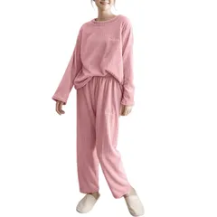 【数量限定】ぬいぐるみ パンツ ゆったり シンプル 保温 かわいい 寝巻き 裏起毛 ふわふわ 昼寝着 クルーネック 上下セット 部屋着 もこもこ フランネル 長袖 ルームウェア レディース 秋冬 パジャマ [ADKASS]