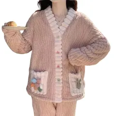 【数量限定】裏起毛 ふわふわ 前開き プラスベルベット ロングパンツ ワンピース 長袖 厚手 上下セット 寝巻き ルームウェアセット 暖かい パジャマ コーラルフリース 可愛い レディース 部屋着 Cietupoop] 花パターン [Narebualo 春秋冬