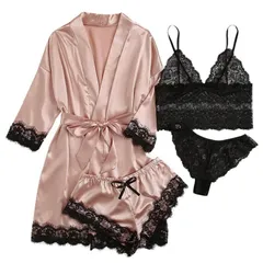【数量限定】寝巻き 寝間着 レース セクシー サテン ベルト付き ランジェリー ナイトガウン ゆったり ローブ 光沢 4点セット ルームウェア 春 レディース パジャマ 夏 [MzcoYmm]