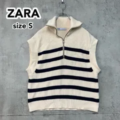 Zara ザラ ケーブル編み ニット ベスト ジレ アイボリー 黒 紺 ボーダー ハーフジップ ジップアップ スタンドカラー ノースリーブ チョッキ ゆったり カジュアル マリン ★ ◇■