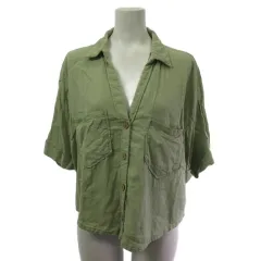 ザラ ZARA リネン シャツ ブラウス 半袖 ロールアップ カーキ L