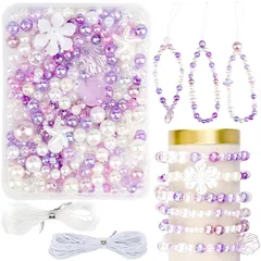 約360-440個アクリルビーズ 手芸キット、手作りキットと穴、ゴムひも、ペンダント、ビーズセット 女の子、手作りキット 子供にとってメイキングトイ、ビーズ おもちゃ、ハンドメイド パーツ、パープル 0