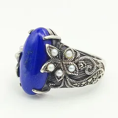 【美品】碌山　ロクザン　ラピスラズリフラワーリング　パイライト　ベビーパール　シルバー925　11号