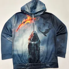 【インパクト抜群】死神 パーカー 全面プリント 鎌 カラス 炎 ドクロ フルグラフィック 総柄 派手 個性的 ダークファンタジー ゴシック パンク ロック ストリート メンズ レディース コスプレ 衣装【3084ST】