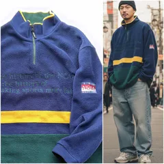 【90sレトロ】 NCAA ハーフジップ フリース LL ネイビー 緑 黄色 日本製 マルチカラー 刺繍ロゴ オーバーサイズ ゆるダボ ストリート 古着 デサント
