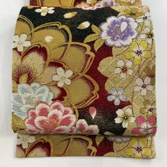 【美品】 袋帯 秀品 振袖向き 桜 唐織 金糸 赤黒 六通 正絹 【中古】