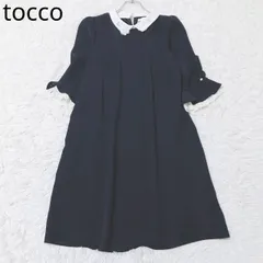 トッコ　カットソーワンピース　レース襟　2way   パール　Aライン　ラウンドネック　ウエスト切り替え　エレガント　フェミニン　シンプル　ネイビー