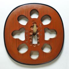 ☆鉄地二段木瓜形鐔 無銘 金象嵌 土手耳 両櫃孔片方埋 厚さ7mm 鉄鍔 古