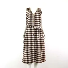 スタディオクリップ Studio Clip ジャンパースカート ワンピース ギンガムチェック ナチュラル コットン ウッドボタン Vネック M 茶 ブラウン アイボリー