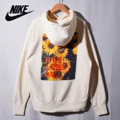 ナイキ NIKE パーカー L 相当 表記 XL ベージュ イエロー クリーム アート 花柄 ロゴ刺繍 裏毛 パイル ユニセックス スウェット フーディー ストリート Y2K スポーツミックス 古着 G760