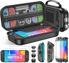【新登場-4in1】 Switch 2ケース スイッチ ケース 保 護カバー 収納バッグ 分体式設計+保護フィルム*2+サムグリップ*4 ナイロン素材 全面保護 ゲームカード10枚 旅行用 キャリングセット 小物収納可 持ち運び便利 防塵防汚防水耐衝撃 Swi