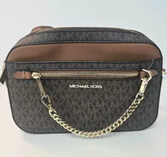 M【美品】MICHAEL KORS マイケル コース ジェットセット アイテムラージ EW ジップ チェーン クロスボディ ショルダーバック シグネチャー柄 ブラウン PVSコーティングキャンバス素材