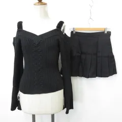 グレイル GRL NOA ニット スカート 2枚セット 長袖 オフショル フレアスリーブ プリーツ ミニ丈 インパンツ フェイクファー 黒 ブラック F S