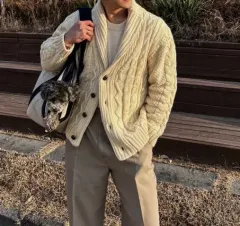 オリジナル ショールカラー ウール ケーブル編み カーディガン 3COLOR