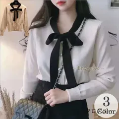 ニット ブラウス レディース 長袖 前ボタン 前開き トップス ボウタイ リボン フェイクパール Vネック フェミニン きれいめ かわいい 女性