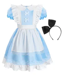 [ReliBeauty] ハロウィン コスチューム 仮装 プリンセス ドレス 子供 女の子 コスプレ メイド ロリータ 水色 ワンピース 白いエプロン カチューシャ付き 120