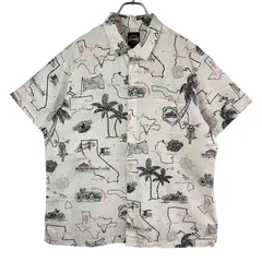 ハーレーダビットソンHarleyDavidson半袖総柄シャツハワイアンシャツアロハシャツリネンコットン星条旗アメリカ国旗BIKEバイクmotorcycleオートバイヤシの木パームツリー白オフホワイト黒ブラックオレンジvintageヴィンテージ51111