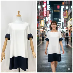 LESOUK ルスーク 日本製 バイカラー ワンピース 半袖 ネイビー ホワイト XL ゆったり 大きめサイズ 13号 レディース 上品 きれいめ オフィス 通勤 カジュアル シンプル 体型カバー 夏 秋 コーデ フォーマル 美ライン Aライン 上品 高級