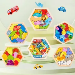 【新品?未使用】 パズル 木製 型はめ 6タイプ 形合わせ 六角形 はめ込み ブロック 積み木 積み上げ バランスゲーム 動物 乗り物 果物 恐竜 