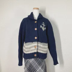 【ニコアンド】カーディガン　ニット セーター ネイビー　F　ウール　カウチン　マリン　いかり 羽織 Y2K フェアリーグランジ 森ガール 