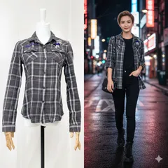 UNIQLO ユニクロ × Disney ディズニー コラボ チェック シャツ 長袖 グレー 綿100 レディース Mサイズ カジュアル かわいい ストリート 秋冬 人気 トップス ミッキーマウス 刺繍 ロゴ入り 美品 おしゃれ 休日コーデ 通勤 通学