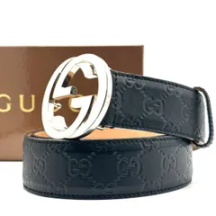 【腰元で品格を語る一本】　GUCCI グッチ　ベルト グッチシマ インターロッキング レザー GG金具 85/34 101cm　ブラック シルバー