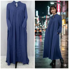 Re:EDIT リエディ ボウタイリボン フレア Aライン ワンピース ロング丈 ネイビー 青 ブルー blue ポリエステル polyester 綿 コットン cotton Mサイズ相当 レディース 長袖 体型カバー エレガント 上品 秋冬 美品