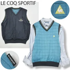 ルコックスポルティフ LE COQ SPORTIF ゴルフ Vネック リバーシブル ベスト M チェック柄 ライトブルー ／  無地 ネイビー メンズ レディース ユニセックス 男女兼用