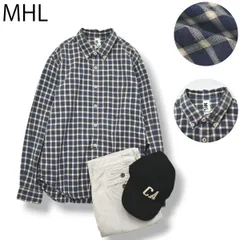 日本製 マーガレットハウエル MHL 長袖 チェック柄 ボタンダウン B.D. ネルシャツ M 紺 x 白 x 黄色 トラッド アメカジ ストリート メンズ レディース ユニセックス 男女兼用
