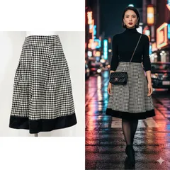 Reflect リフレクト 日本製 千鳥柄 フレア スカート 白 ホワイト white 黒 ブラック black 綿 コットン cotton ポリエステル polyester ナイロン nylon アクリル acrylic レーヨン 上品 美シルエット 美品✨