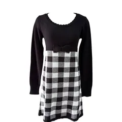 【タグ付き未使用品】CECIL McBEE セシルマクビー ニットワンピース M ブラック×チェック柄 リボン付き モノトーン フィット＆フレア