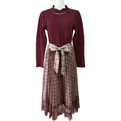 axes femme アクシーズファム チェック柄 レース ワンピース ボルドー系 Mサイズ ビジュー付き フェミニン 秋冬コーデ 長袖