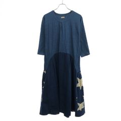 定価6.5万 M.&KYOKO 刺し子柄ストレッチバルーンワンピース ネイビー