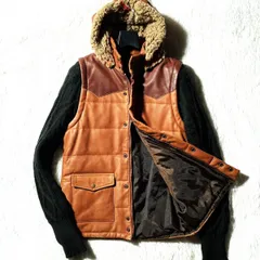 glamb★名作アーカイブ★Obama down jkt★牛革レザー 着脱フード&ケーブル袖ニット 中綿ジャケット ベスト 茶 緑 3 グラム 定価64350円 Y2K