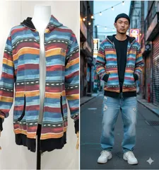 【BILLABONG（ビラボン）】マルチカラーボーダー パーカー フーディー ジップアップ Lサイズ メンズ レディース兼用 長袖 ストリート Y2K 00s 平成ファッション サーフ系 羽織り カジュアル 個性派 アメカジ 古着風✨