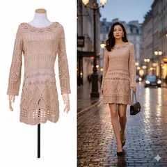 【Memoreed（メモリード）】ざっくり編み ニット ワンピース Lサイズ フレア Aライン 大きめ ゆったり ピンク チュニック風 レース調 クロシェ編み 花柄モチーフ 長袖 レディース フェミニン ガーリー 春秋 おしゃれ✨