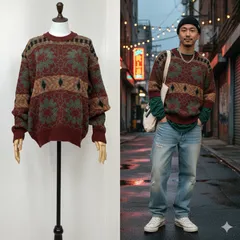 【THICK WOODS（シックウッズ）】日本製 総柄 ニット セーター Lサイズ ウール混 レトロ ヴィンテージ調 クルーネック 長袖 ボタニカルデザイン 花柄 暖色系 赤 レッド 秋冬 トップス メンズ レディース兼用 カジュアル おしゃれ✨