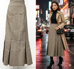 【ViS（ビス）】ロングスカート チェック柄 Sサイズ キャメル ブラウン プリーツ切替 フレア ウエストタック デザインスカート 秋冬 レディース きれいめ カジュアル オフィス 通勤 おしゃれ✨