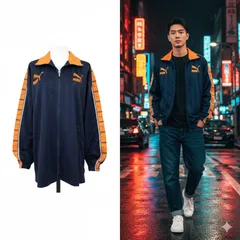 【PUMA（プーマ）】ネイビー×オレンジ トラックジャケット ジャージ ストライプ L〜XLサイズ相当 ビッグロゴ 刺繍ライン入り 希少カラー Y2K 00s 平成ストリート