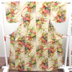 ウール着物 単衣 クリーム地  油絵調 花柄 バチ衿 肩当・居敷当付き カジュアルきもの 普段着物 仕立て上がり ウールきもの 和洋ミックス